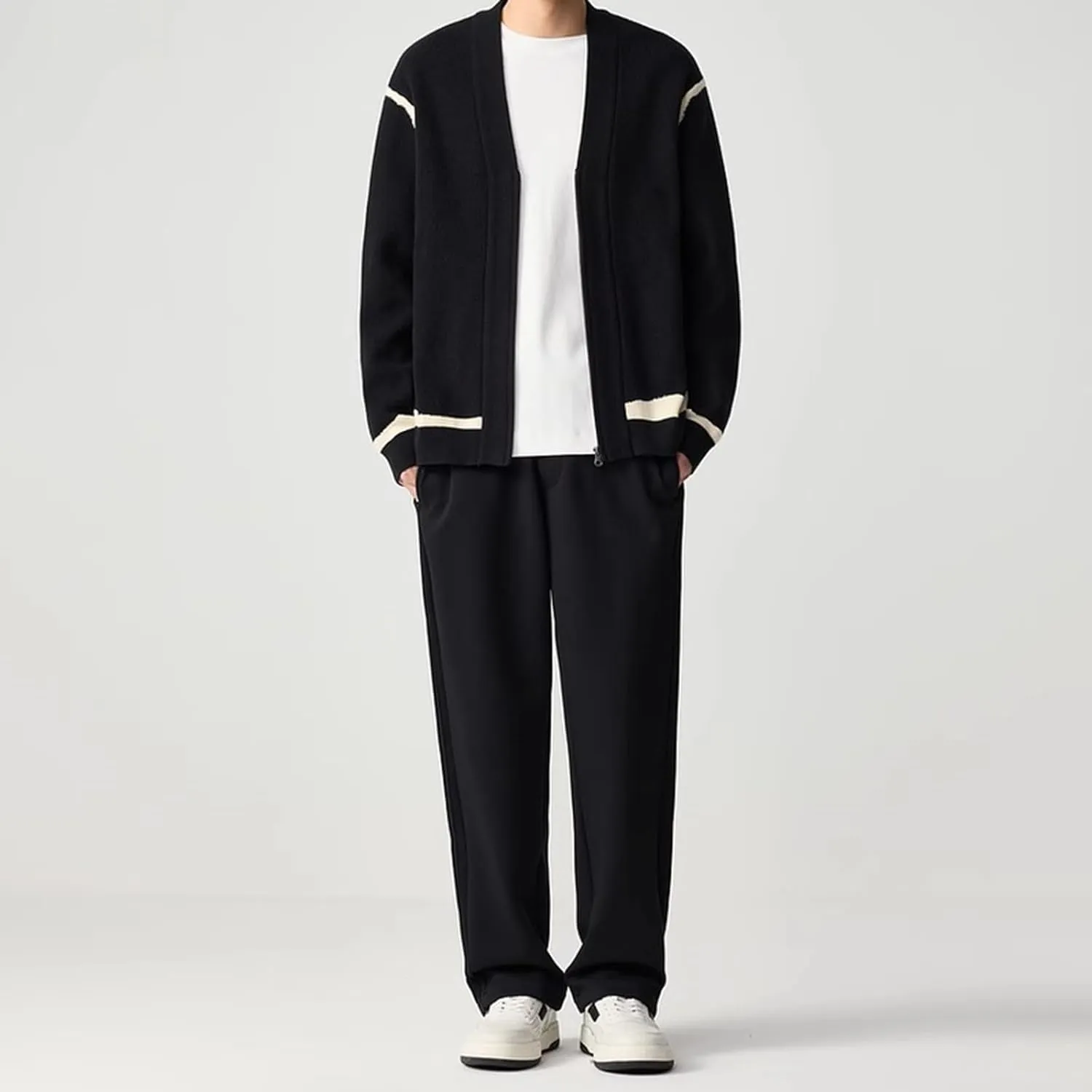 Men's Ruffle Shawl Collar Cardigan Long Sleeve Open Front Oversize Mid Length Drape Cape Overcoat with Pockets