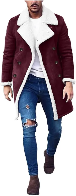 Mens Sherpa Lined Coat with Hood Warm Fuzzy Fleece Lined Long Jacket Trench Coats Winter Thick Coat for Men