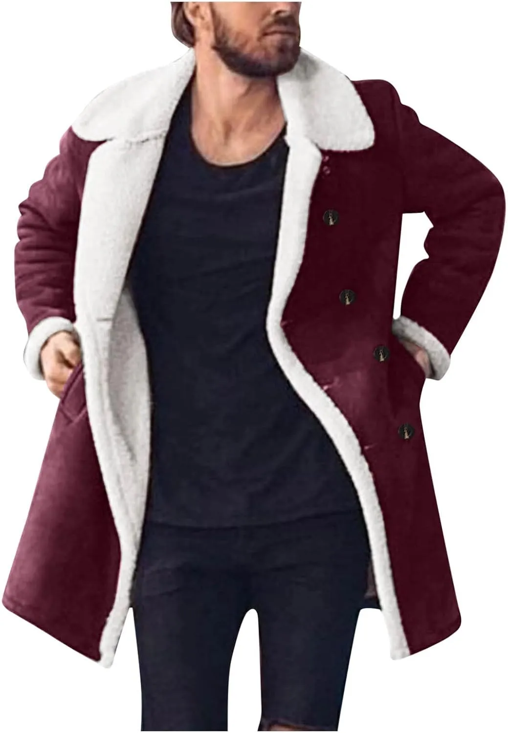 Mens Sherpa Lined Coat with Hood Warm Fuzzy Fleece Lined Long Jacket Trench Coats Winter Thick Coat for Men