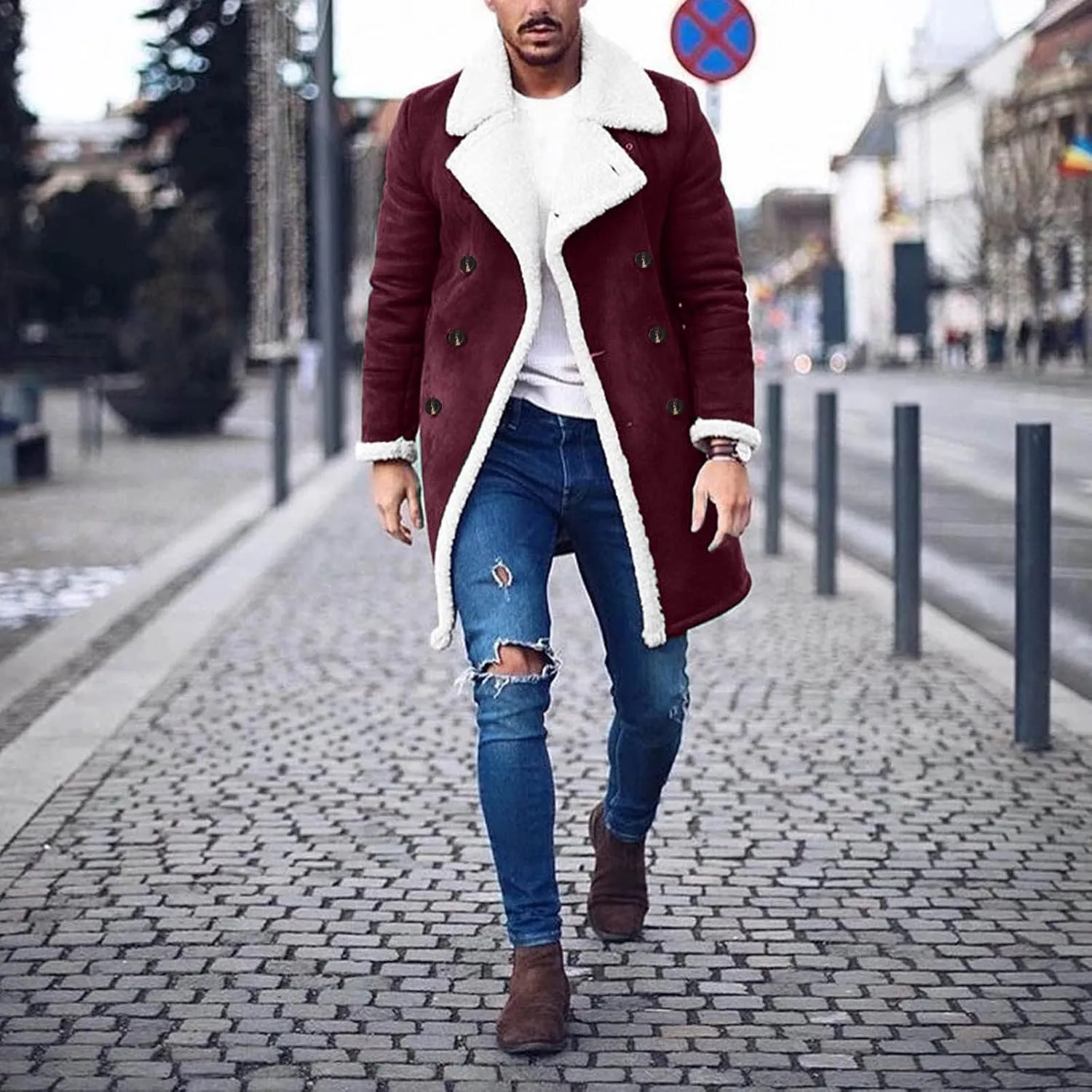 Mens Sherpa Lined Coat with Hood Warm Fuzzy Fleece Lined Long Jacket Trench Coats Winter Thick Coat for Men