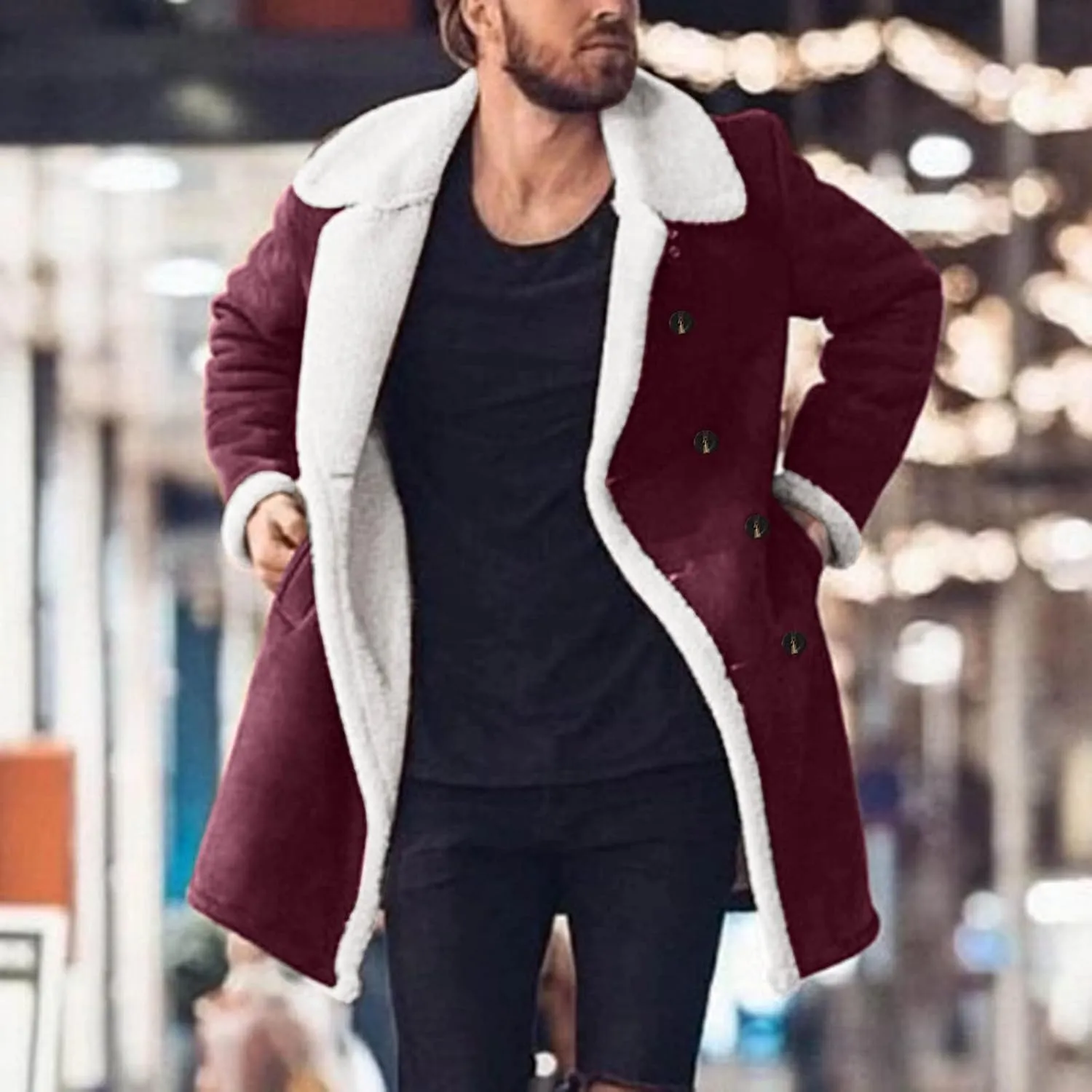 Mens Sherpa Lined Coat with Hood Warm Fuzzy Fleece Lined Long Jacket Trench Coats Winter Thick Coat for Men