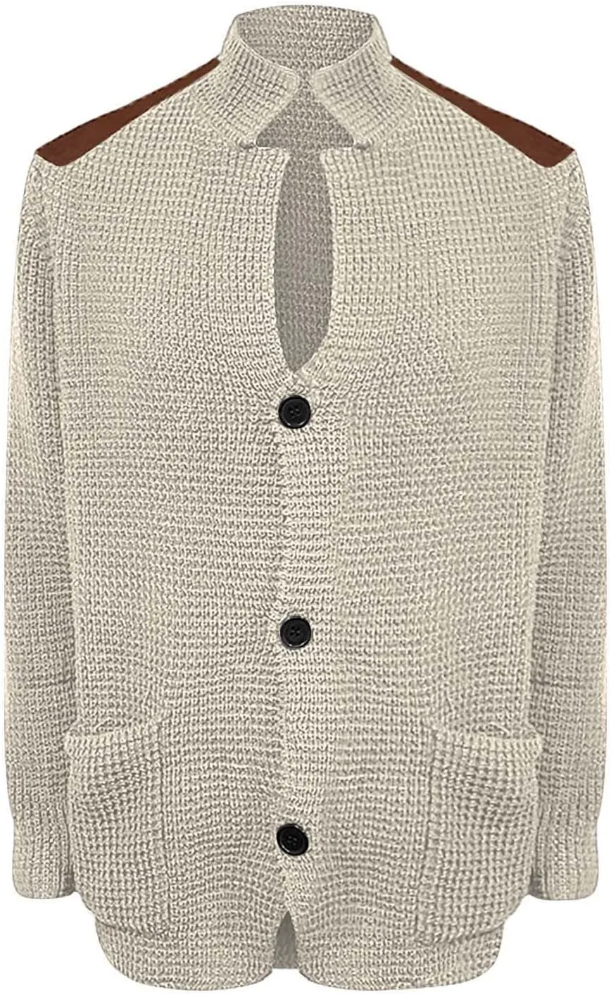 Mens Slim Fit Button Up Patch Cardigan Sweater V Neck Long Sleeve Vintage Cable Knit Cardigan Ribbed Basic Sweater