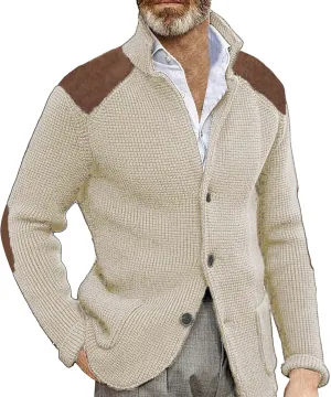 Mens Slim Fit Button Up Patch Cardigan Sweater V Neck Long Sleeve Vintage Cable Knit Cardigan Ribbed Basic Sweater