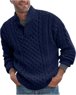 Mens Stand Collar Pullover Sweater Cable Knitted Chunky Fall Winter Fashion Buttons Twisted Thermal Cashmere Sweaters