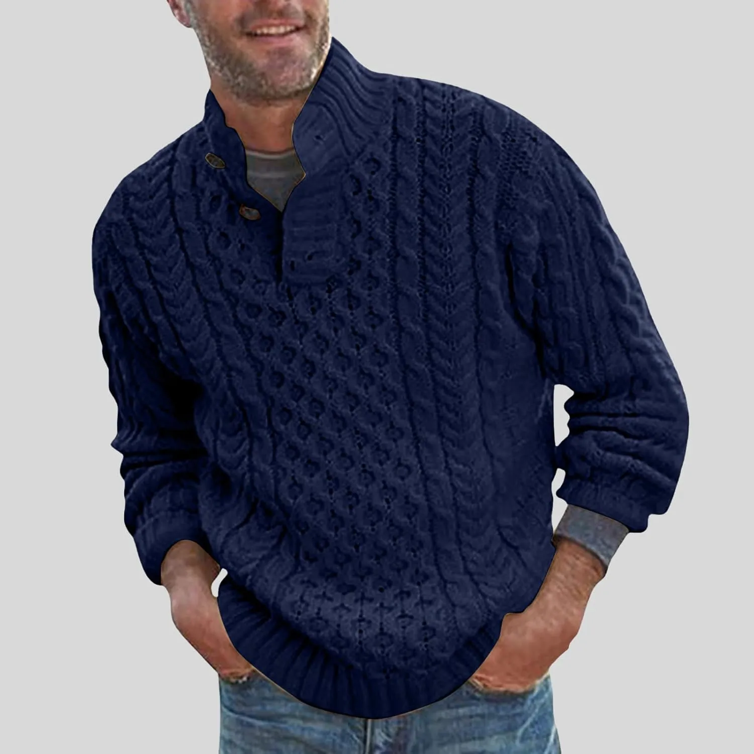 Mens Stand Collar Pullover Sweater Cable Knitted Chunky Fall Winter Fashion Buttons Twisted Thermal Cashmere Sweaters