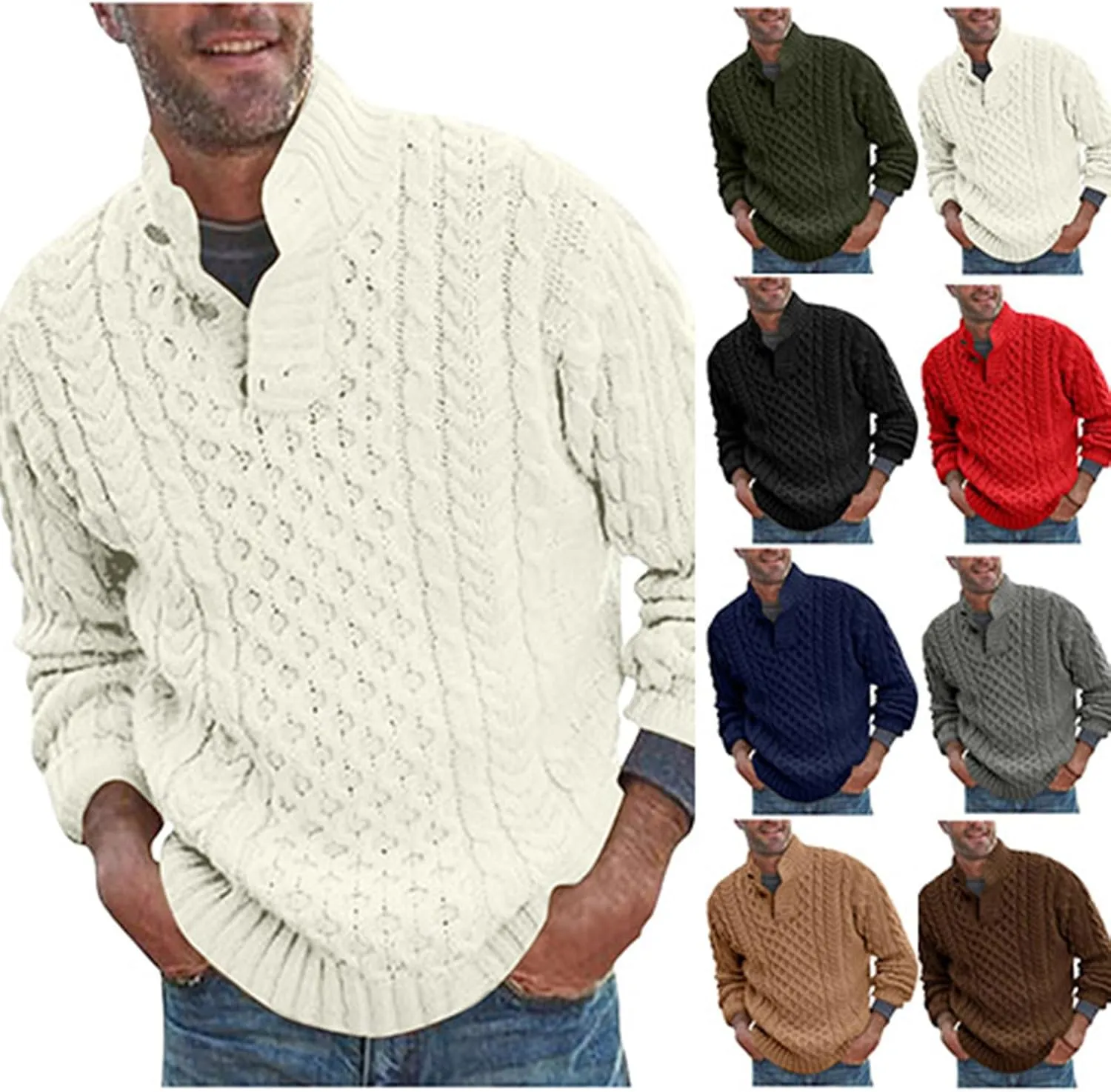 Mens Stand Collar Pullover Sweater Cable Knitted Chunky Fall Winter Fashion Buttons Twisted Thermal Cashmere Sweaters