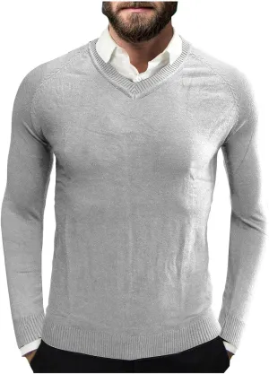 Mens Stretch Cotton V Neck Thermal Sweaters Lightweight Slim Fit Soft Merino Wool Classic Work Pullover Sweaters