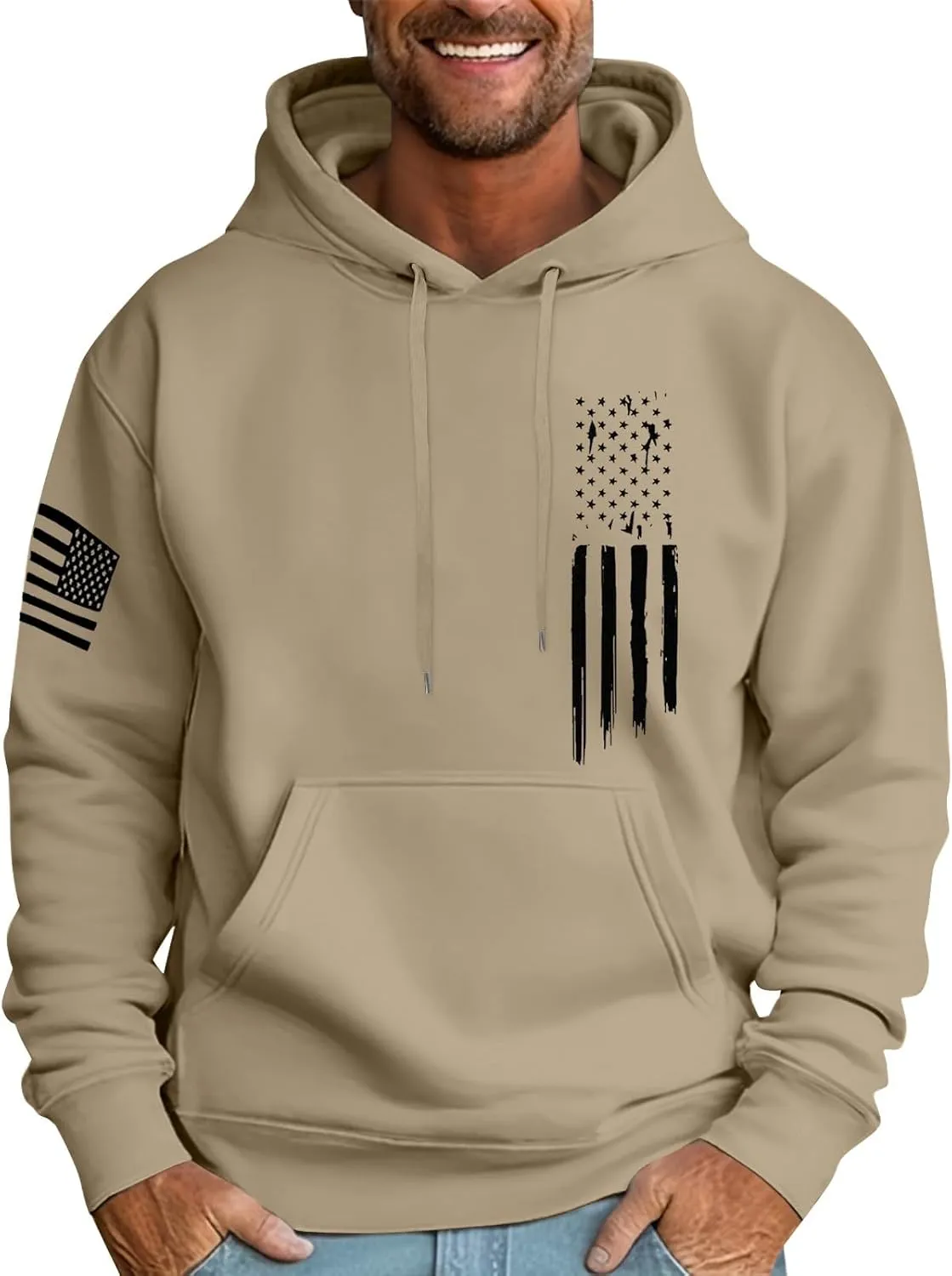 Men's Trendy Hoodies Oversized Sweatshirts Drawstring Fall Hooded Long Sleeve USA Flag Printed Hoodie with Pockets