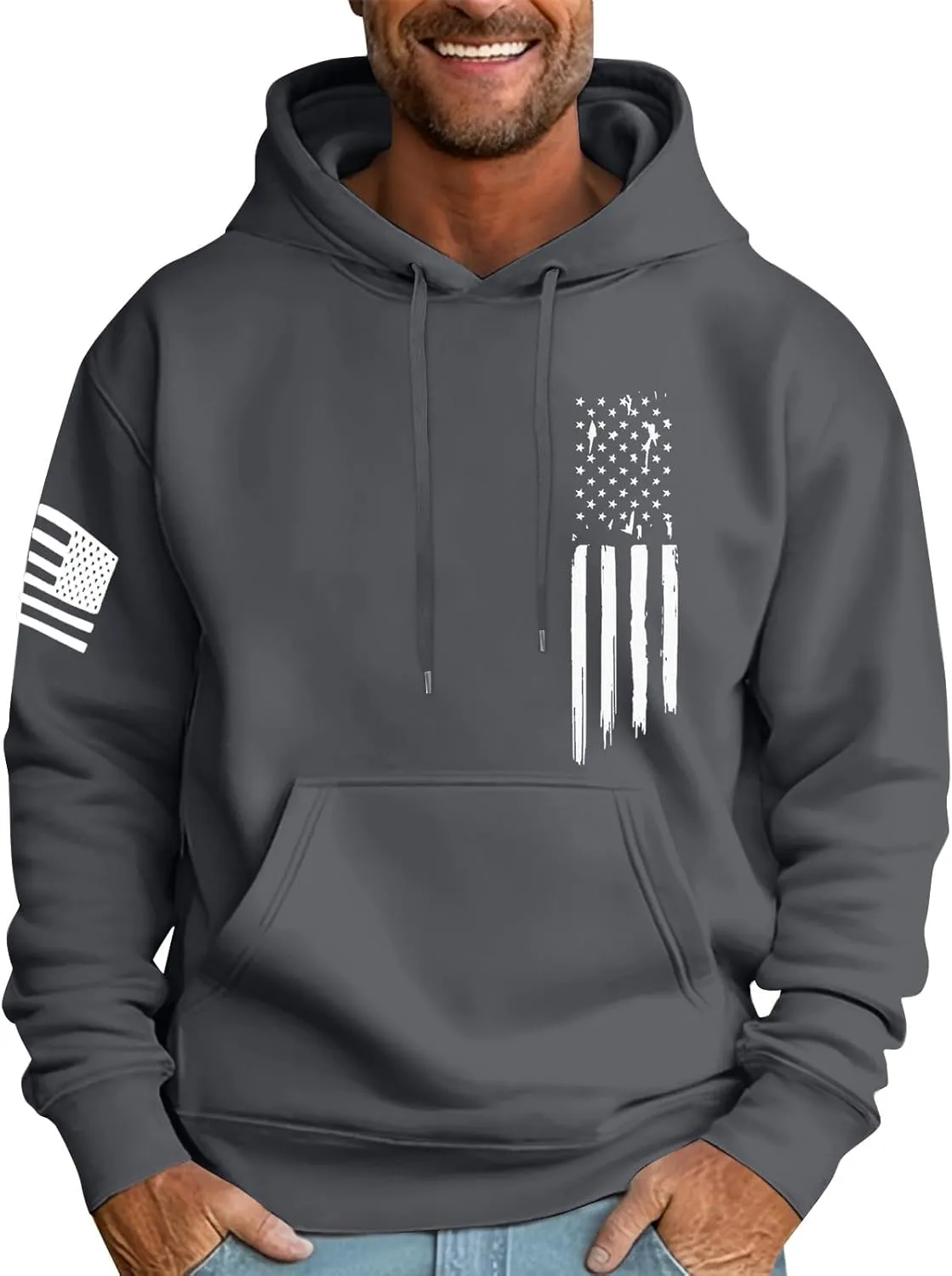 Men's Trendy Hoodies Oversized Sweatshirts Drawstring Fall Hooded Long Sleeve USA Flag Printed Hoodie with Pockets