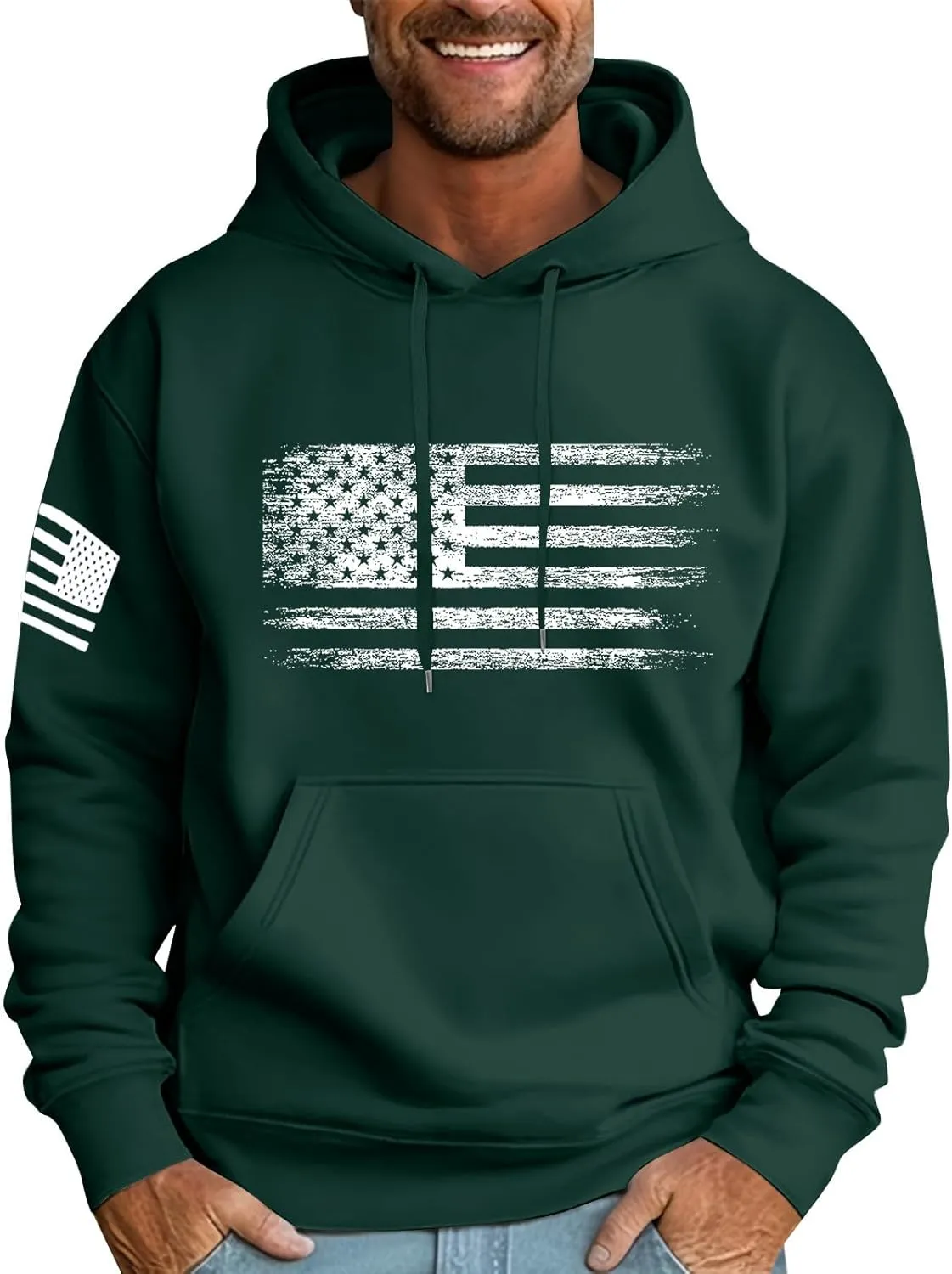 Men's Trendy Hoodies Oversized Sweatshirts Drawstring Fall Hooded Long Sleeve USA Flag Printed Hoodie with Pockets