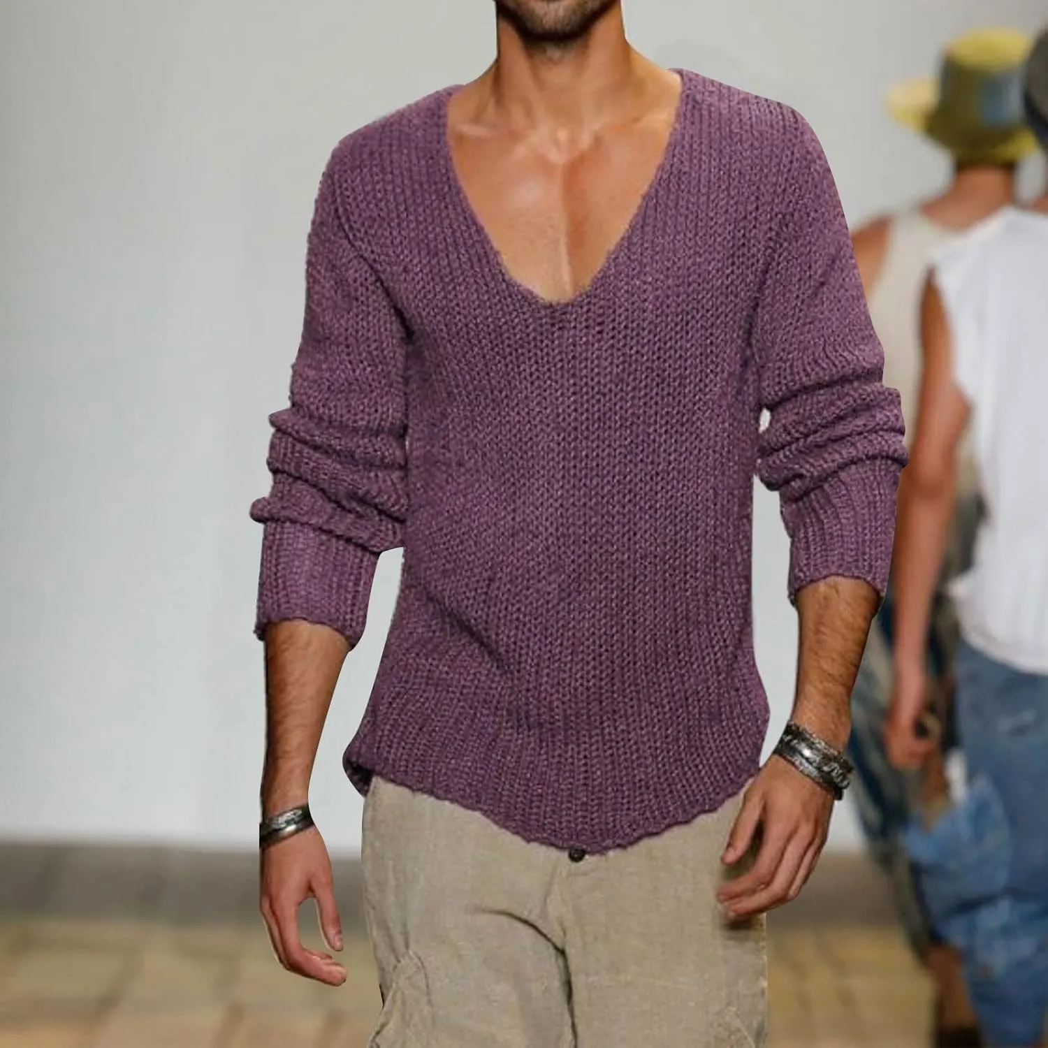 Men's V Neck Sweater Lightweight Slim Fit Pullover Solid Color Knitted Knitwear Casual Loose Tops Fall Winter Outwear