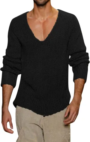 Men's V Neck Sweater Lightweight Slim Fit Pullover Solid Color Knitted Knitwear Casual Loose Tops Fall Winter Outwear
