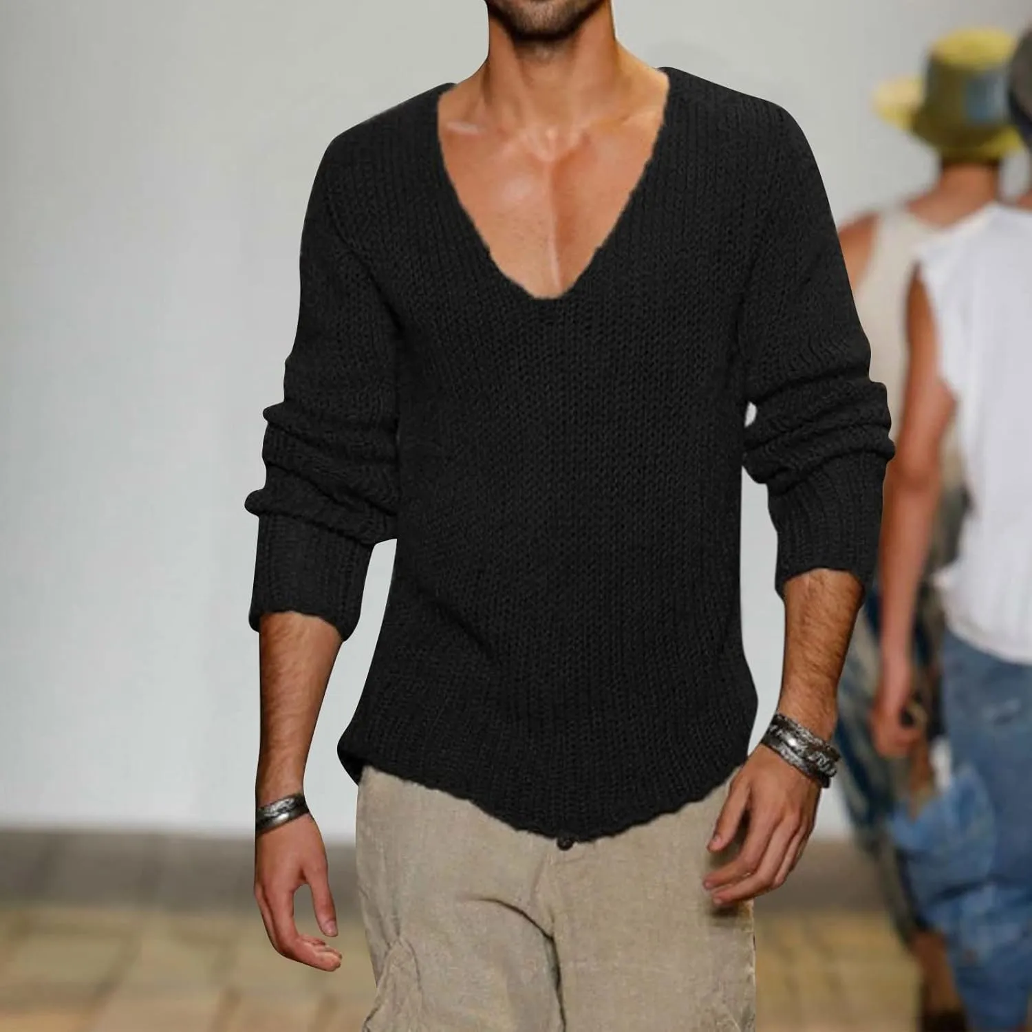 Men's V Neck Sweater Lightweight Slim Fit Pullover Solid Color Knitted Knitwear Casual Loose Tops Fall Winter Outwear