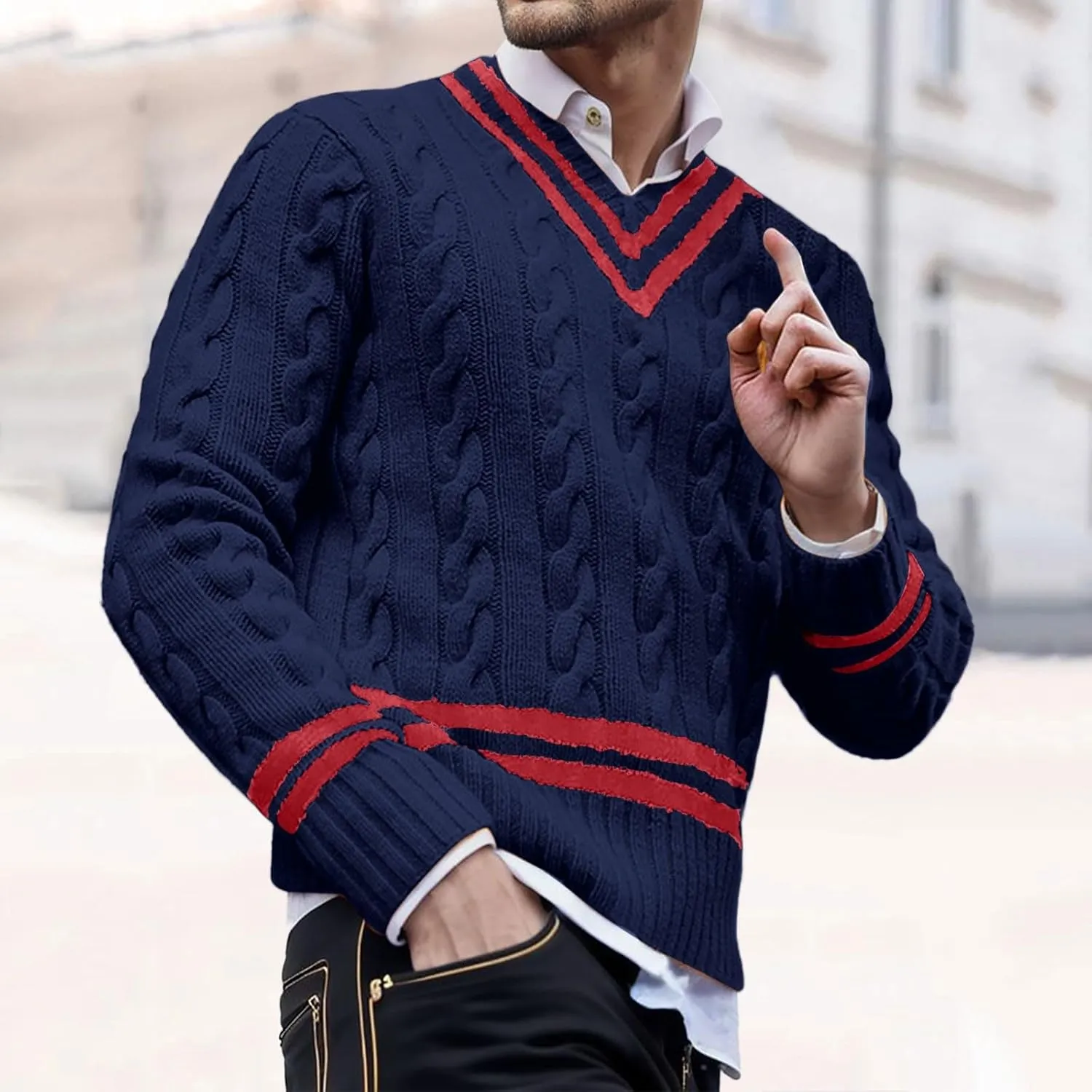Men's V Neck Sweater Long Sleeve Knitted Pullover Striped Twist Textured Top Casual Loose Sweater Fall Winter Outwear