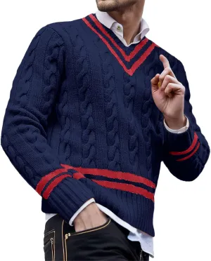 Men's V Neck Sweater Long Sleeve Knitted Pullover Striped Twist Textured Top Casual Loose Sweater Fall Winter Outwear