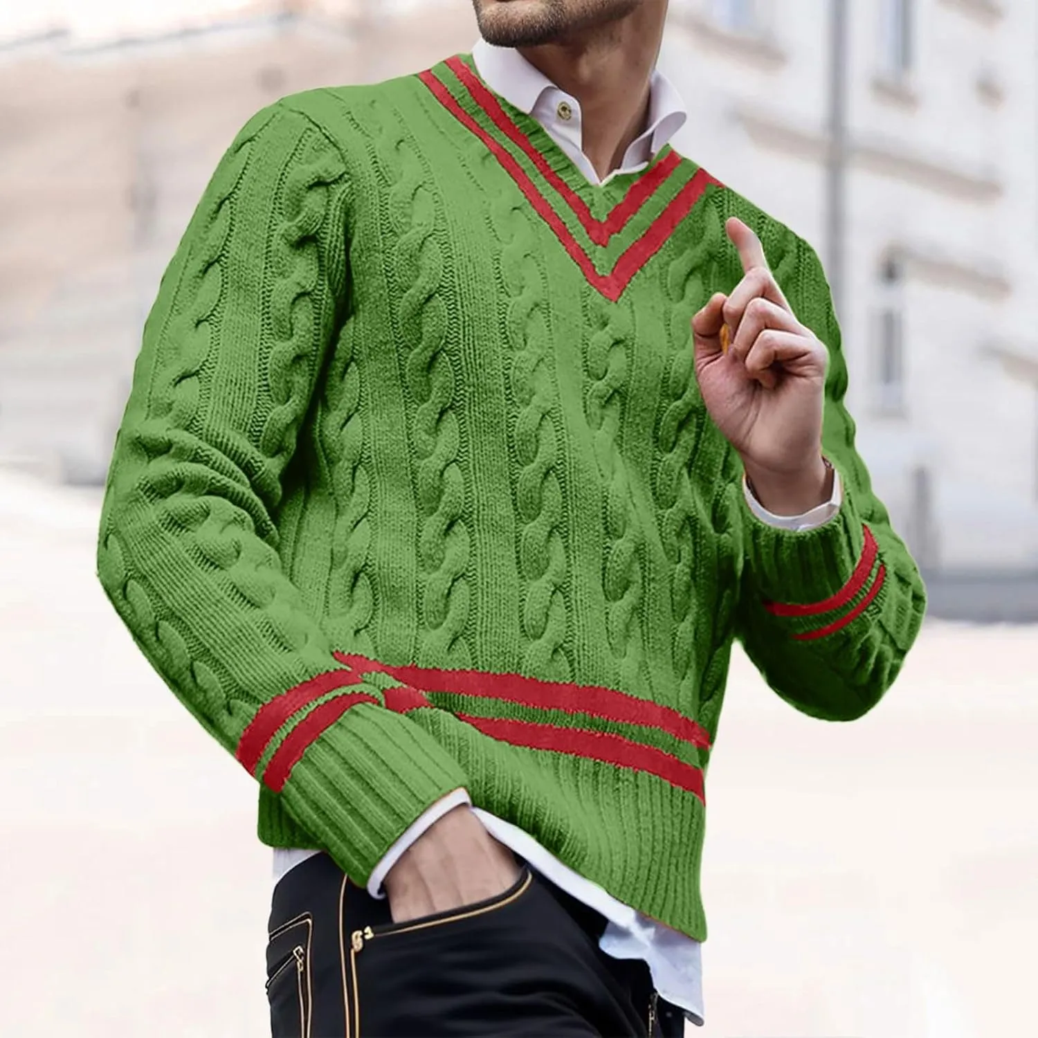 Men's V Neck Sweater Long Sleeve Knitted Pullover Striped Twist Textured Top Casual Loose Sweater Fall Winter Outwear
