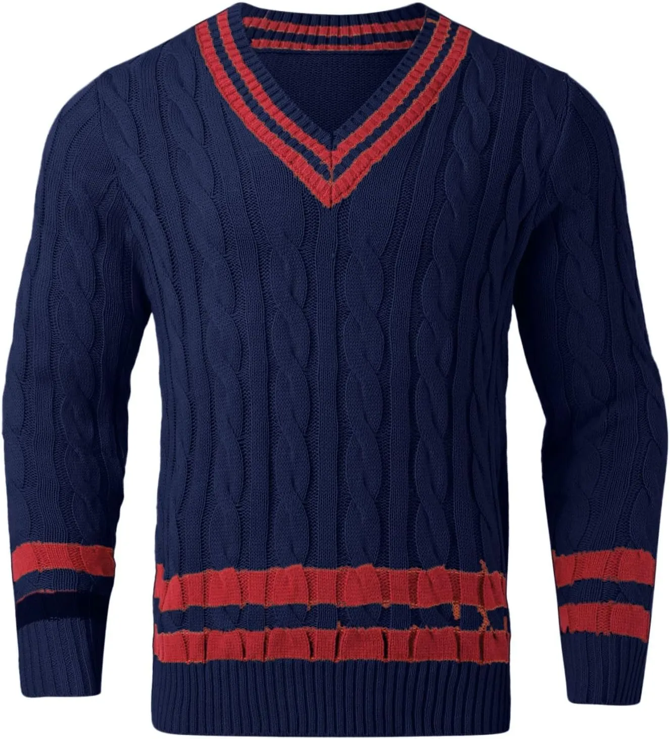 Men's V Neck Sweater Long Sleeve Knitted Pullover Striped Twist Textured Top Casual Loose Sweater Fall Winter Outwear