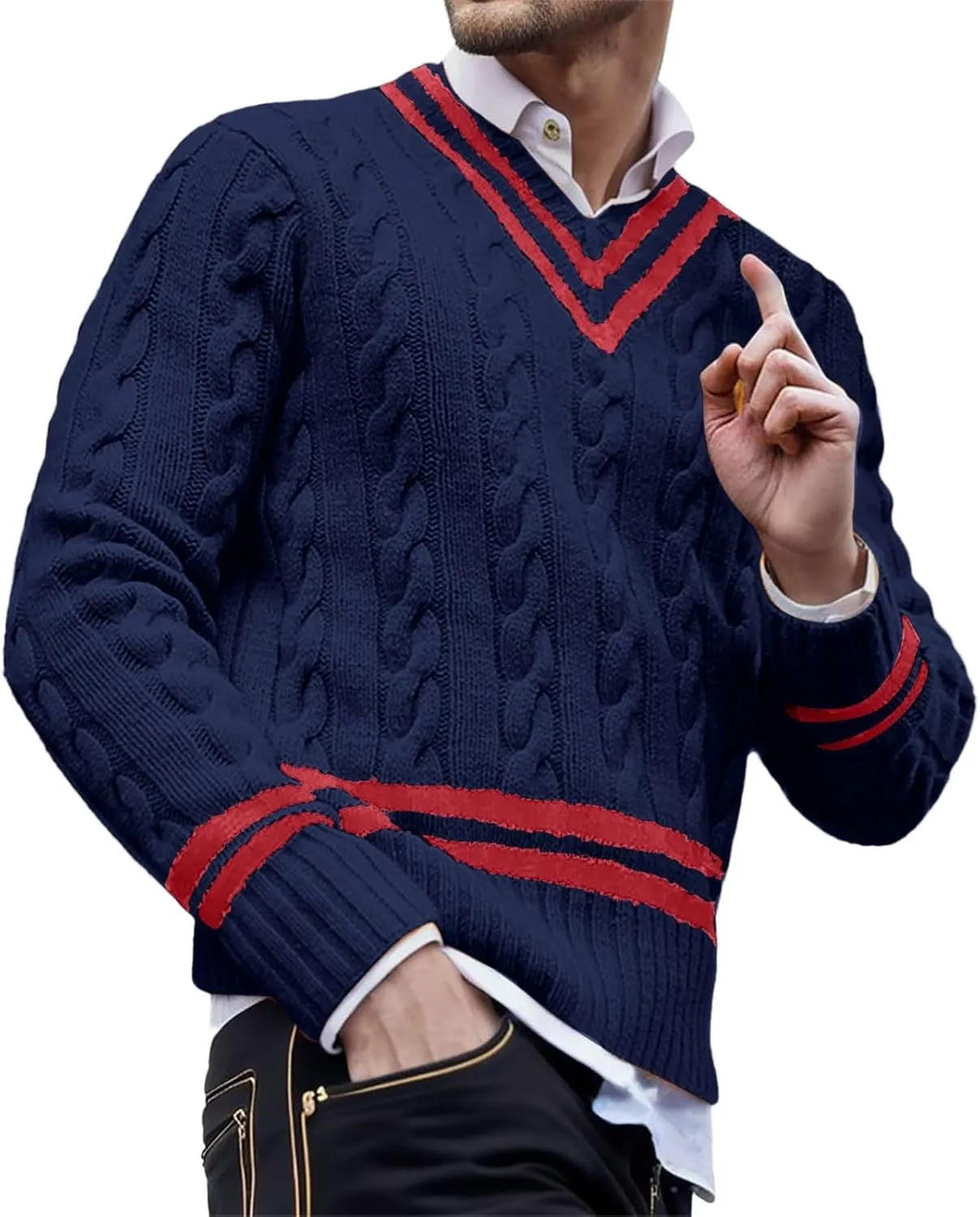 Men's V Neck Sweater Long Sleeve Knitted Pullover Striped Twist Textured Top Casual Loose Sweater Fall Winter Outwear