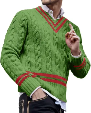 Men's V Neck Sweater Long Sleeve Knitted Pullover Striped Twist Textured Top Casual Loose Sweater Fall Winter Outwear