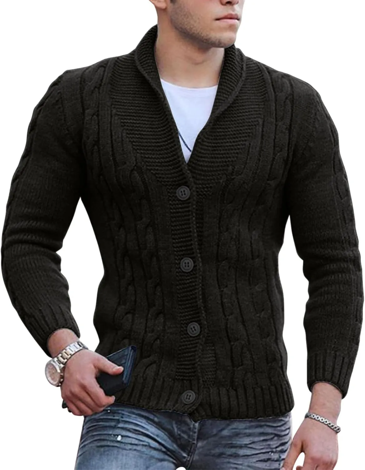 Men's V Neck Sweater Long Sleeve Shawl Collar Pullover Knitted Button Down Tops Solid Color Knitwear Oversize Sweater