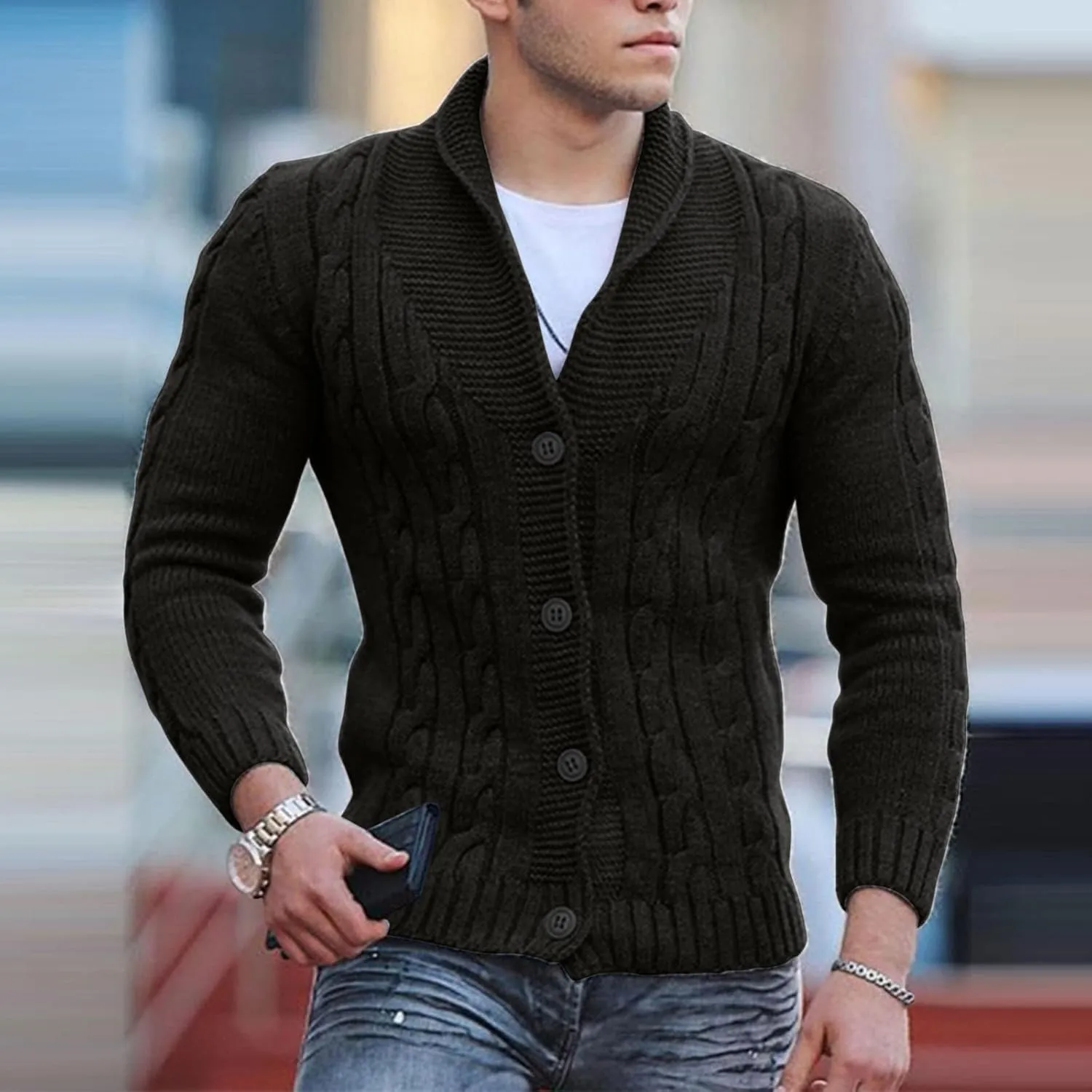 Men's V Neck Sweater Long Sleeve Shawl Collar Pullover Knitted Button Down Tops Solid Color Knitwear Oversize Sweater
