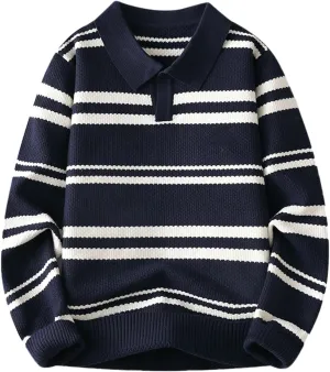 Men's V Neck Sweater Long Sleeve Striped Pullover Knitted Ribbed Tops Lightweight Knitwear Casual Loose Polo Sweater