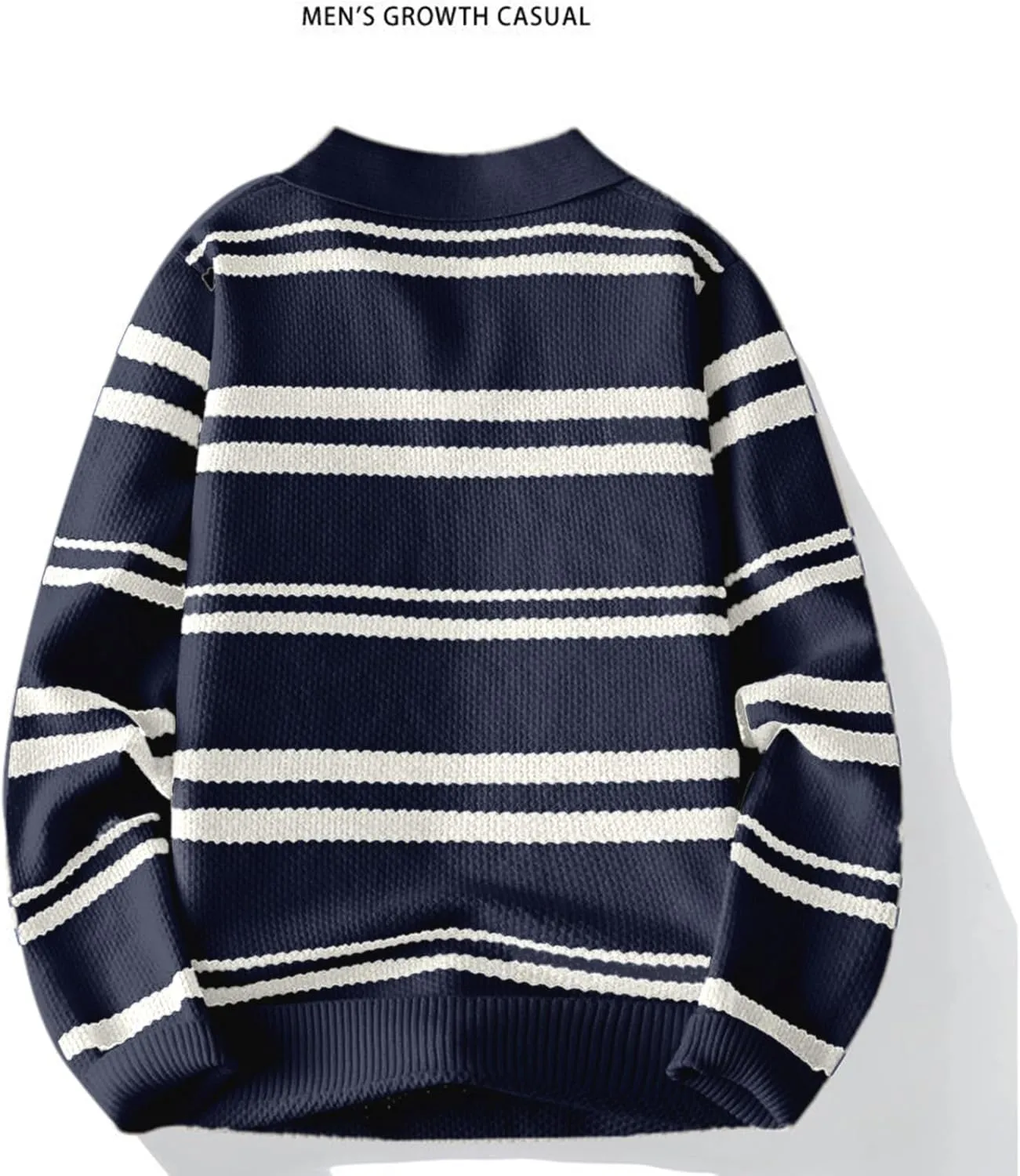 Men's V Neck Sweater Long Sleeve Striped Pullover Knitted Ribbed Tops Lightweight Knitwear Casual Loose Polo Sweater