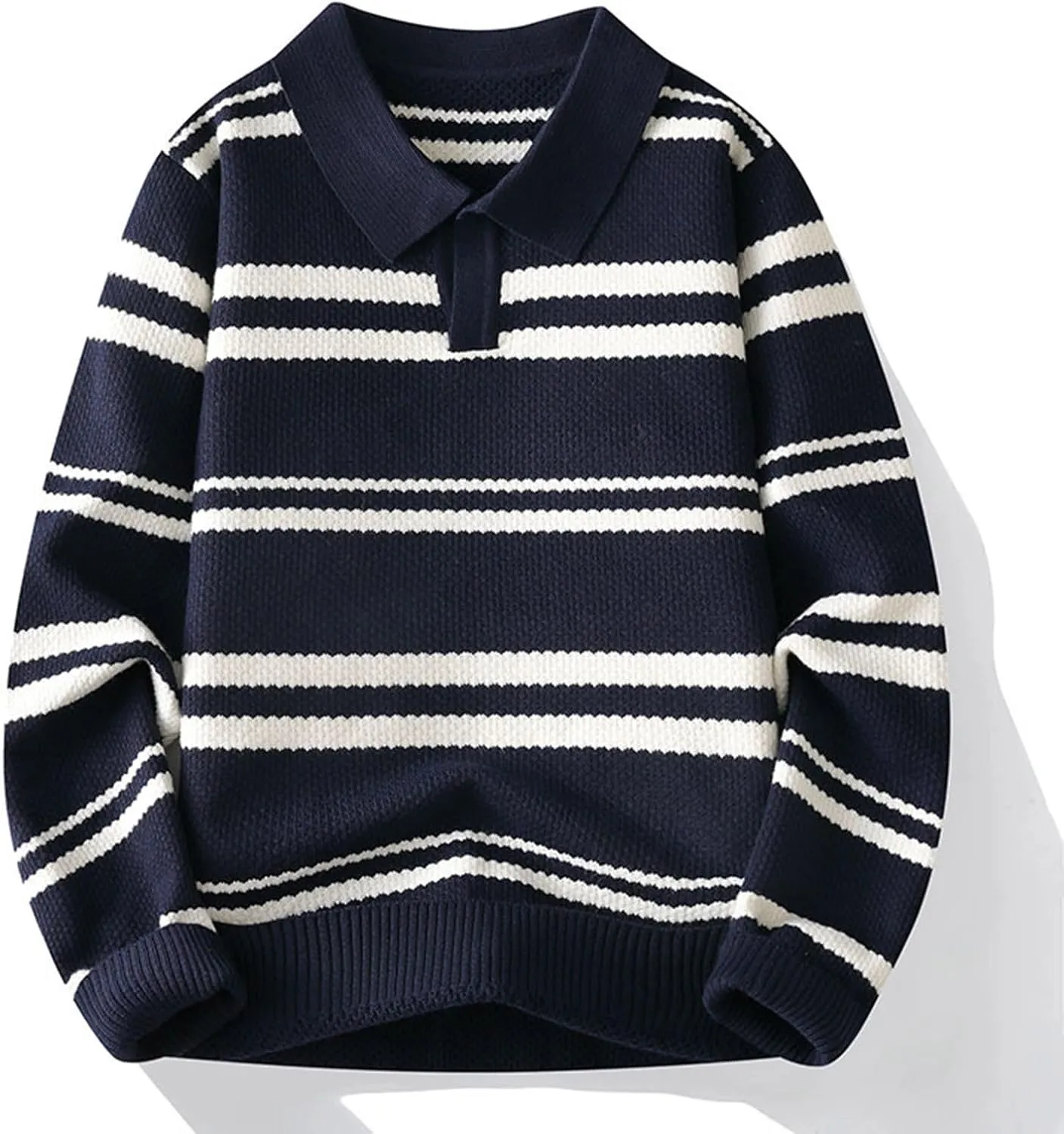 Men's V Neck Sweater Long Sleeve Striped Pullover Knitted Ribbed Tops Lightweight Knitwear Casual Loose Polo Sweater