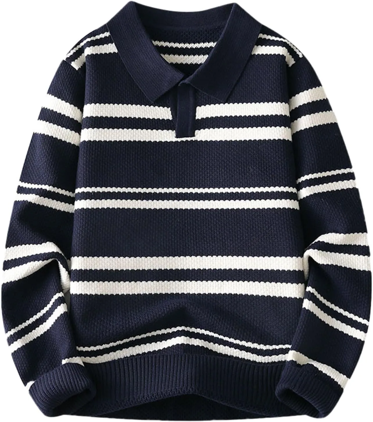 Men's V Neck Sweater Long Sleeve Striped Pullover Knitted Ribbed Tops Lightweight Knitwear Casual Loose Polo Sweater