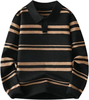 Men's V Neck Sweater Shawl Collar Striped Pullover Long Sleeve Ribbed Tops Casual Loose Knitwear Fall Fashion Sweater