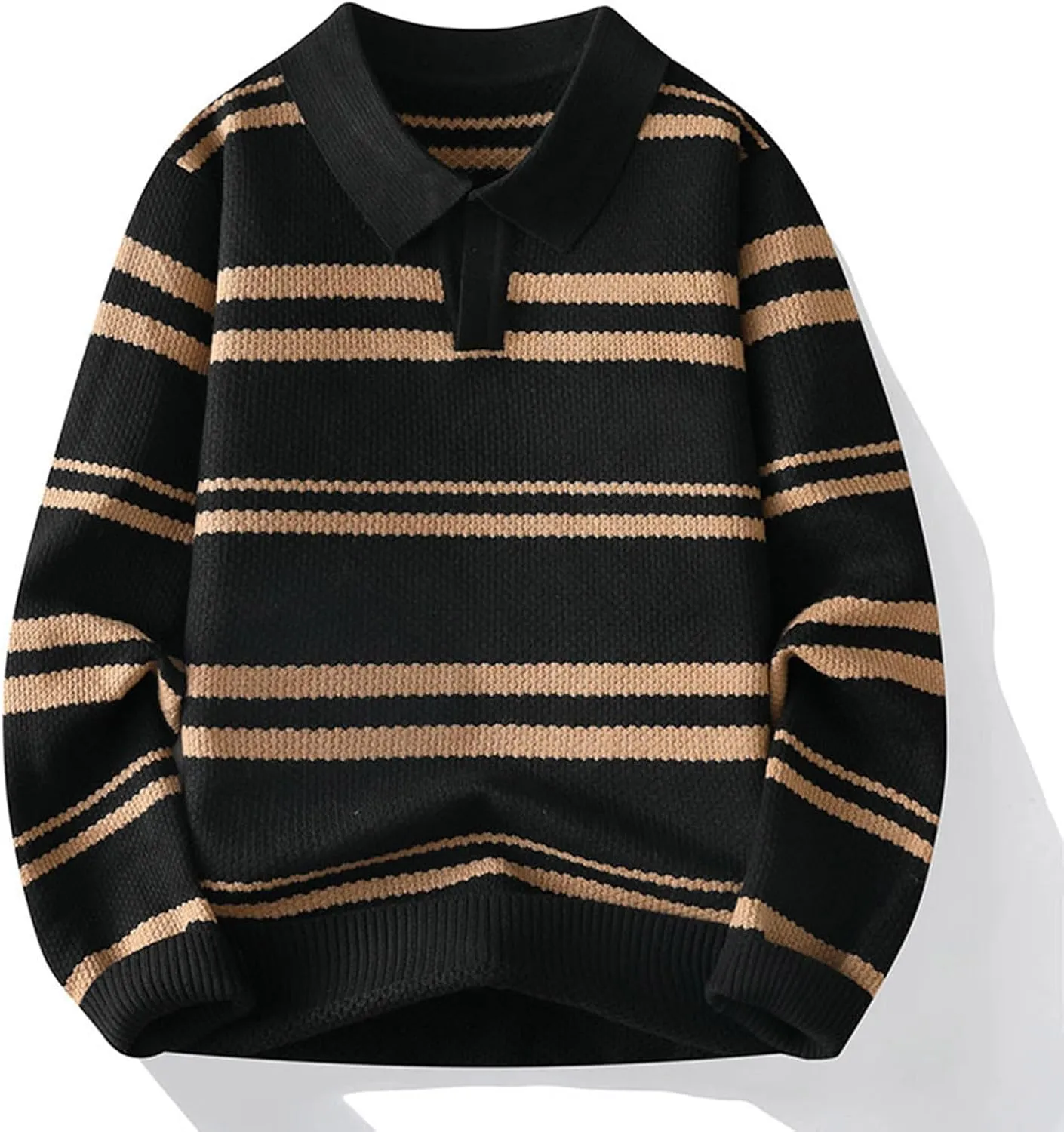 Men's V Neck Sweater Shawl Collar Striped Pullover Long Sleeve Ribbed Tops Casual Loose Knitwear Fall Fashion Sweater