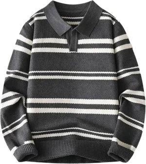 Men's V Neck Sweater Shawl Collar Striped Pullover Long Sleeve Ribbed Tops Casual Loose Knitwear Fall Fashion Sweater