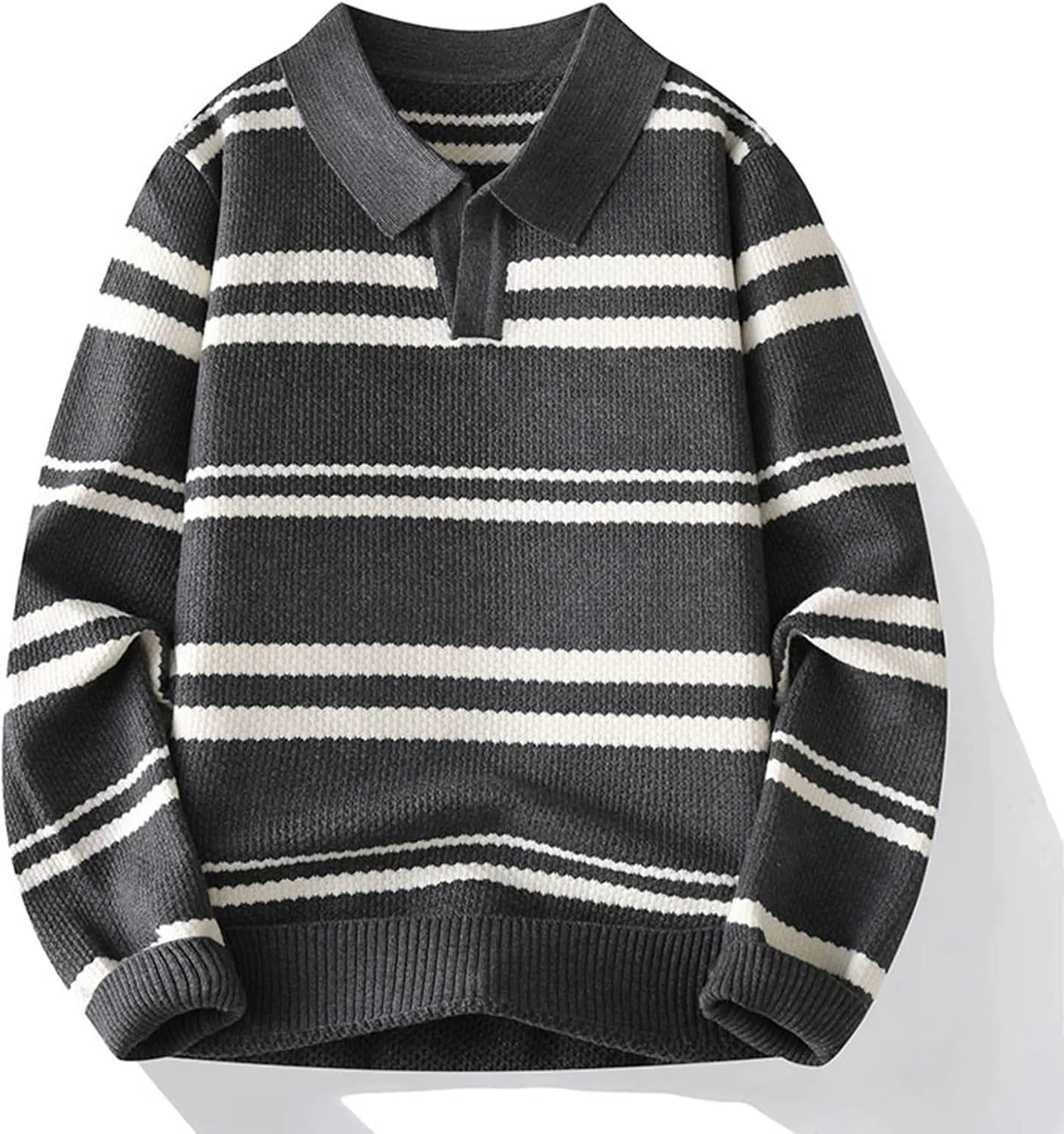 Men's V Neck Sweater Shawl Collar Striped Pullover Long Sleeve Ribbed Tops Casual Loose Knitwear Fall Fashion Sweater