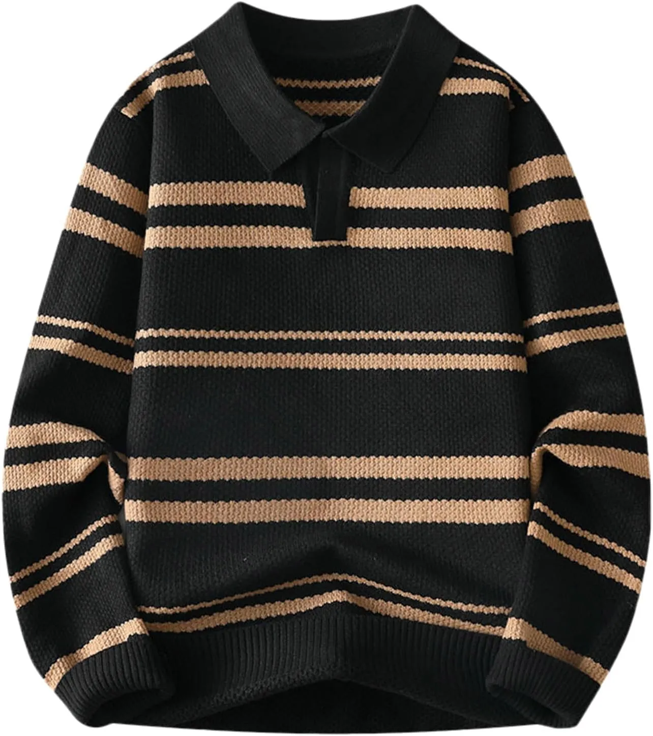 Men's V Neck Sweater Shawl Collar Striped Pullover Long Sleeve Ribbed Tops Casual Loose Knitwear Fall Fashion Sweater