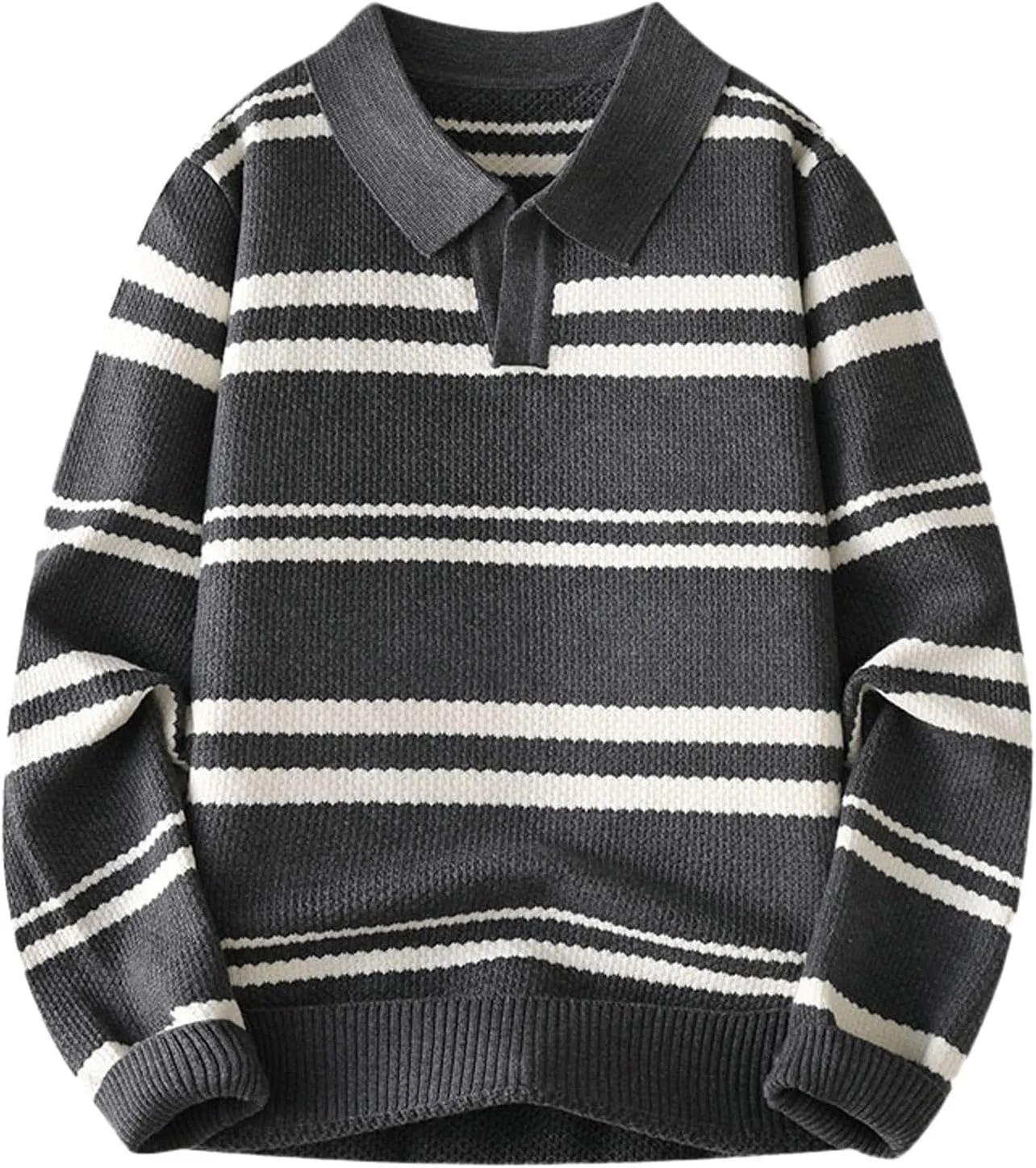 Men's V Neck Sweater Shawl Collar Striped Pullover Long Sleeve Ribbed Tops Casual Loose Knitwear Fall Fashion Sweater