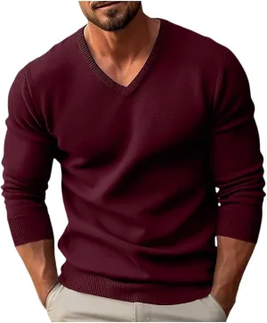 Men's V Neck Sweater Solid Color Long Sleeve Pullover Ribbed Knitted Tops Lightweight Casual Loose Oversize Sweater