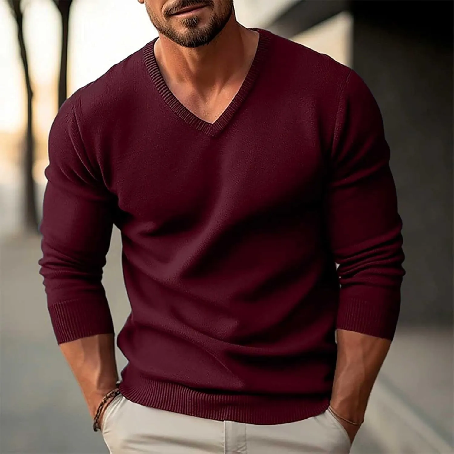 Men's V Neck Sweater Solid Color Long Sleeve Pullover Ribbed Knitted Tops Lightweight Casual Loose Oversize Sweater