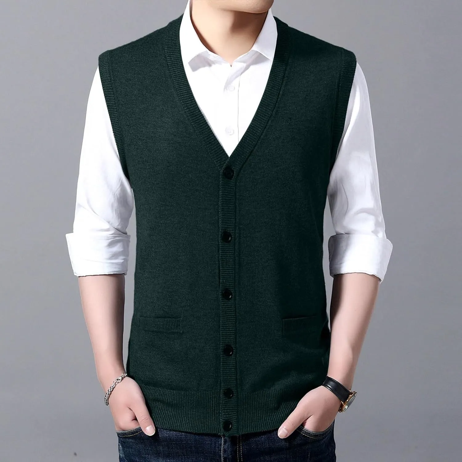 Men's V Neck Sweater Vest Notch Collar Button Down Shirts Solid Color Sleeveless Tops Knitted with Pockets Knitwear