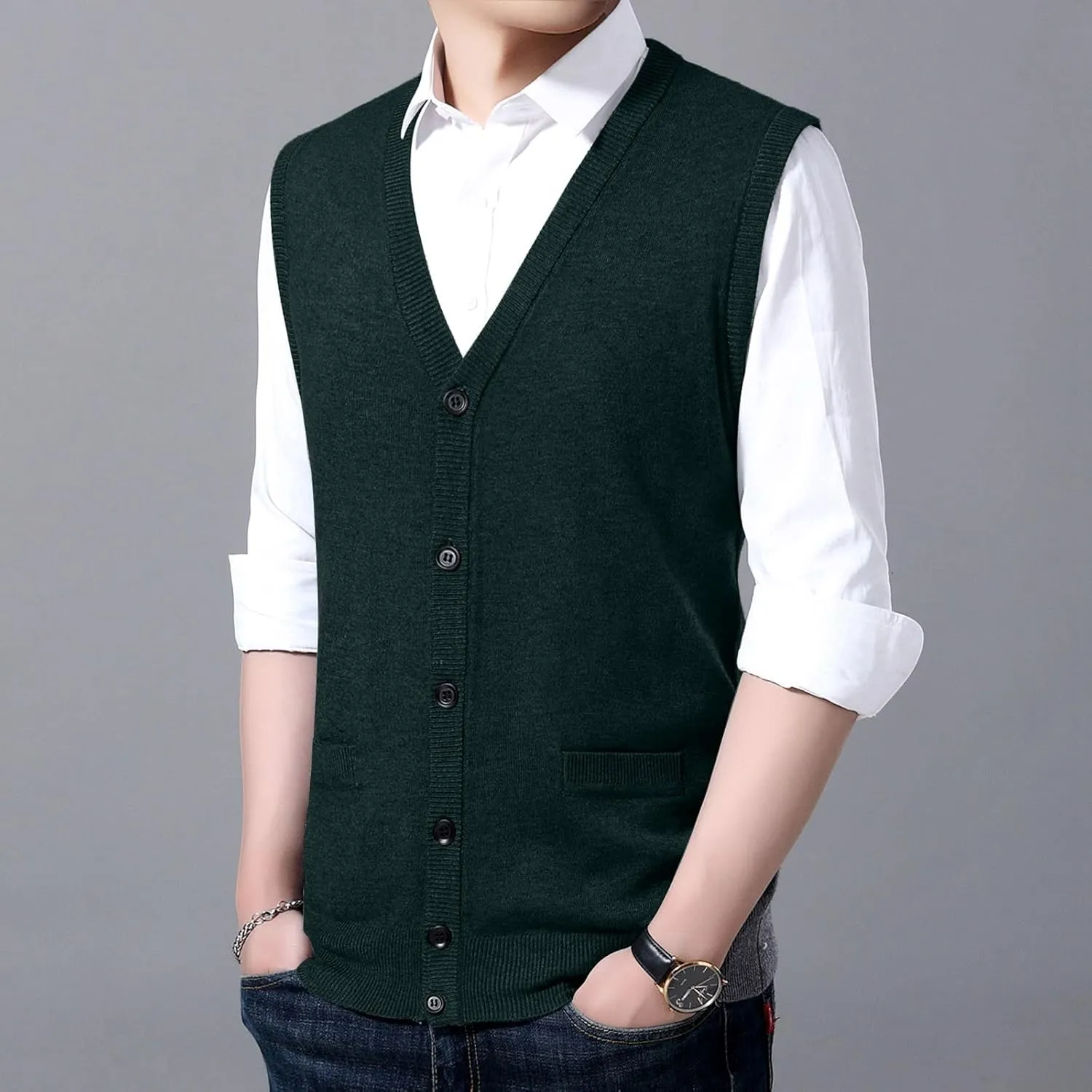 Men's V Neck Sweater Vest Notch Collar Button Down Shirts Solid Color Sleeveless Tops Knitted with Pockets Knitwear