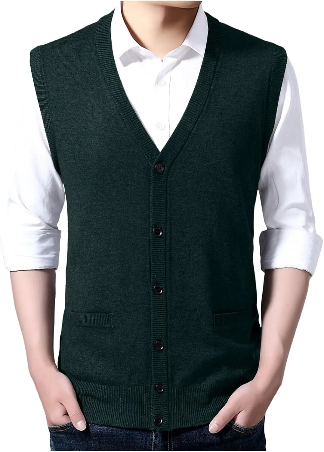 Men's V Neck Sweater Vest Notch Collar Button Down Shirts Solid Color Sleeveless Tops Knitted with Pockets Knitwear