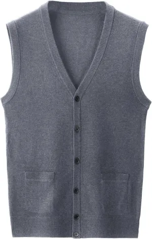 Men's V Neck Sweater Vest Notch Collar Sleeveless Shirts Button Down Knitted Pullover Solid Color Tops with Pockets