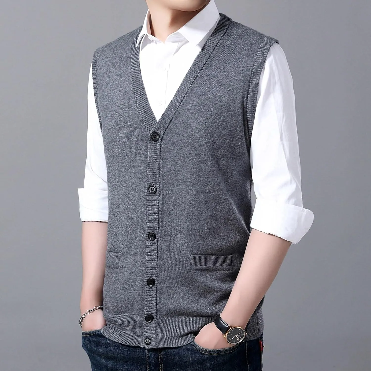 Men's V Neck Sweater Vest Notch Collar Sleeveless Shirts Button Down Knitted Pullover Solid Color Tops with Pockets