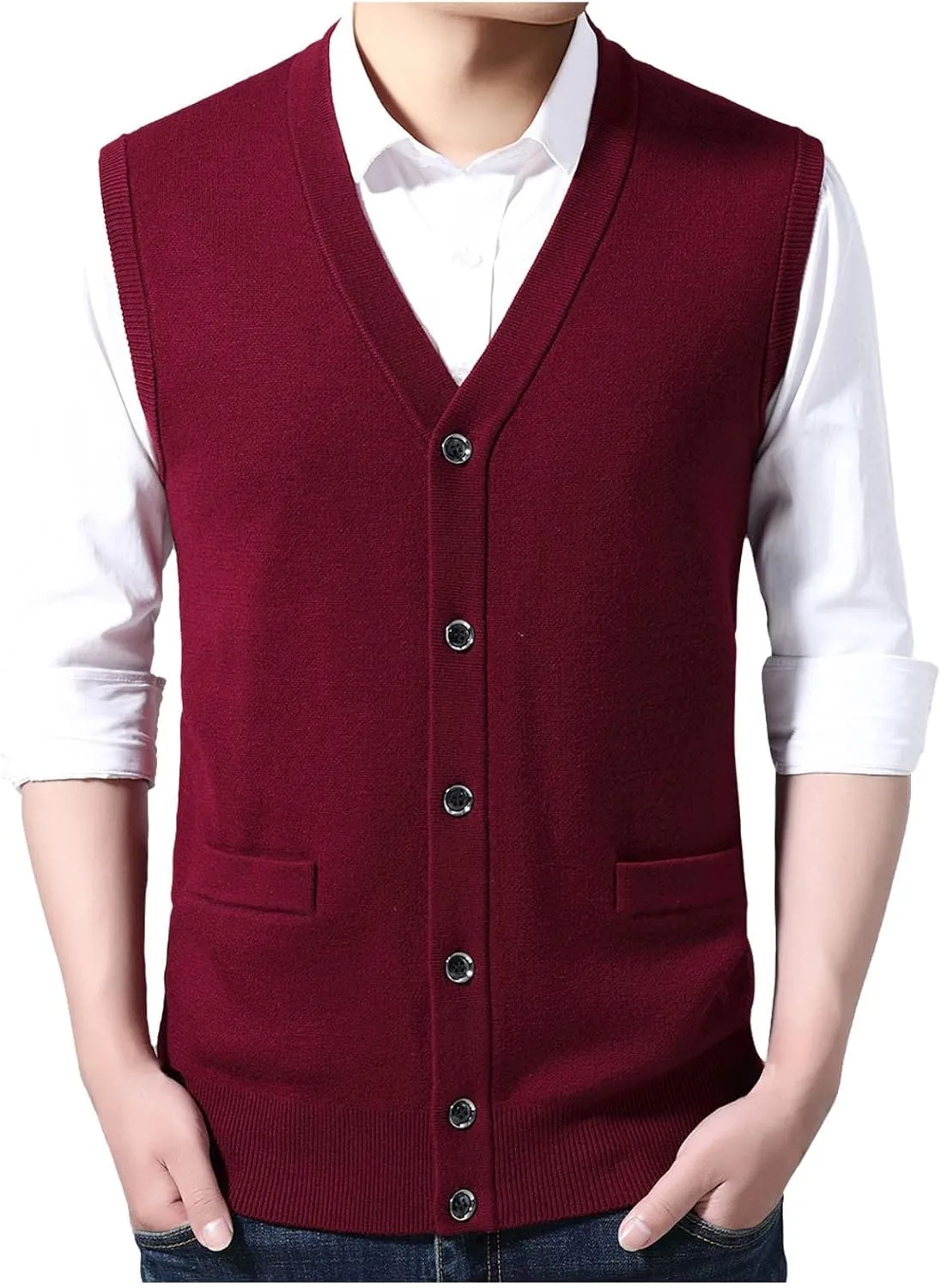Men's V Neck Sweater Vest Notch Collar Sleeveless Shirts Button Down Knitted Pullover Solid Color Tops with Pockets