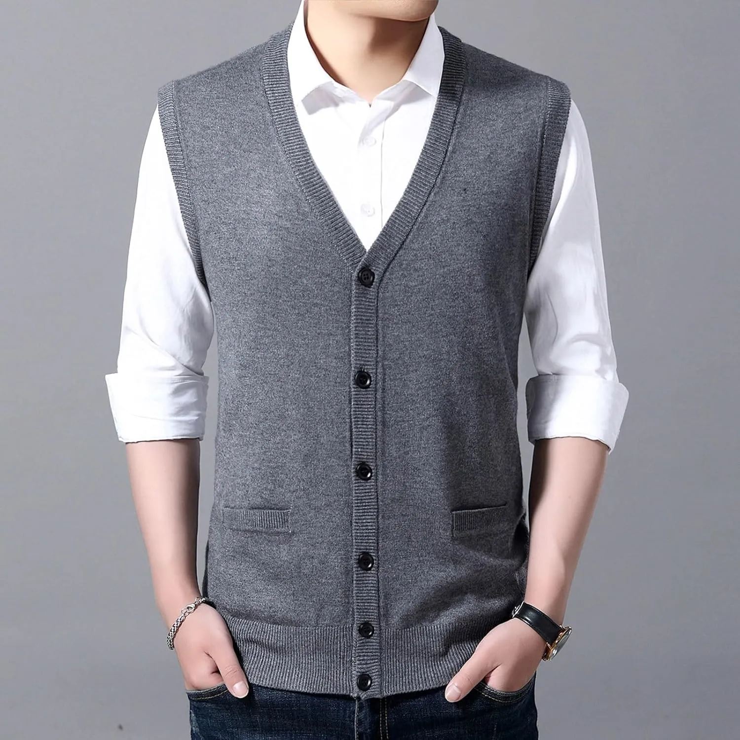 Men's V Neck Sweater Vest Notch Collar Sleeveless Shirts Button Down Knitted Pullover Solid Color Tops with Pockets