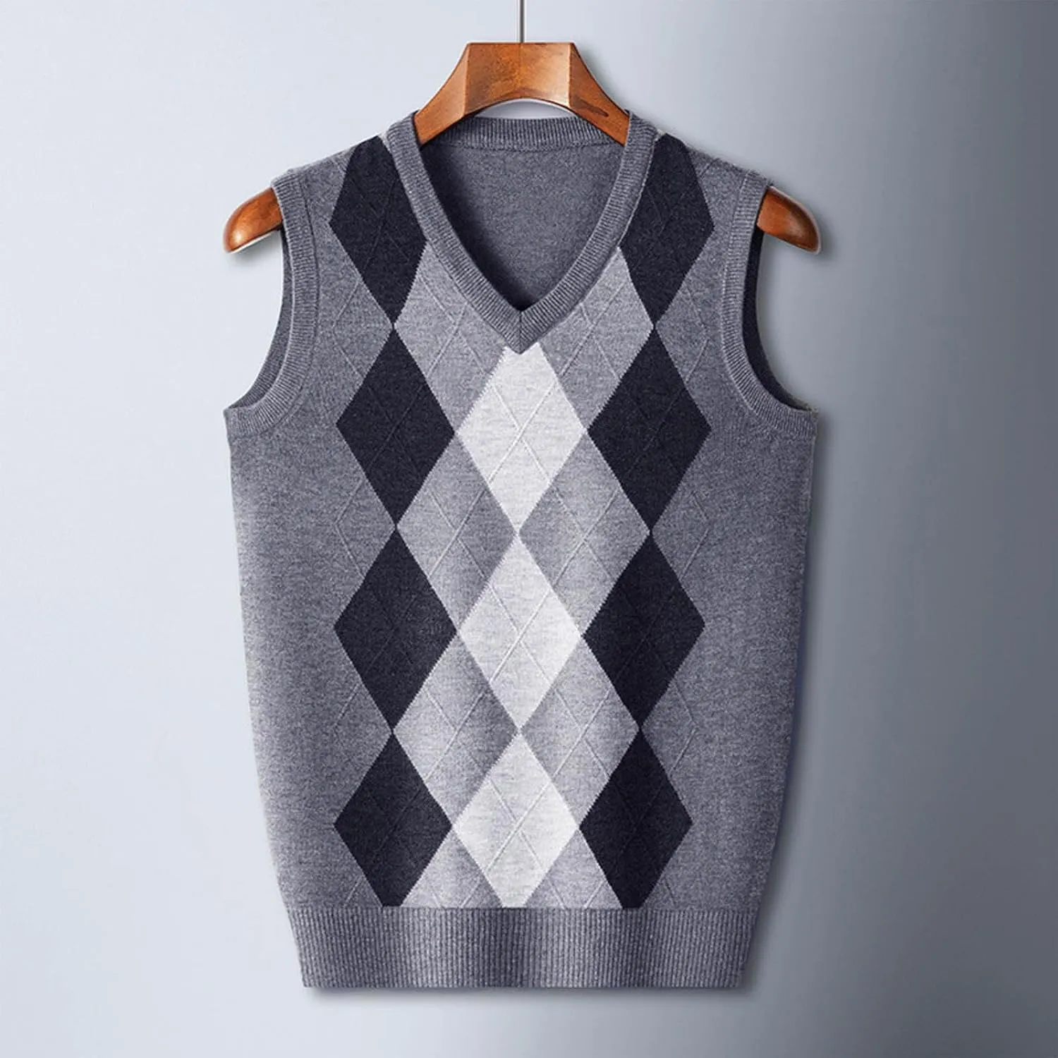 Men's V Neck Sweater Vest Sleeveless Knitted Pullover Color Block Plaid Knitwear Casual Loose Fall Fashion Sweater