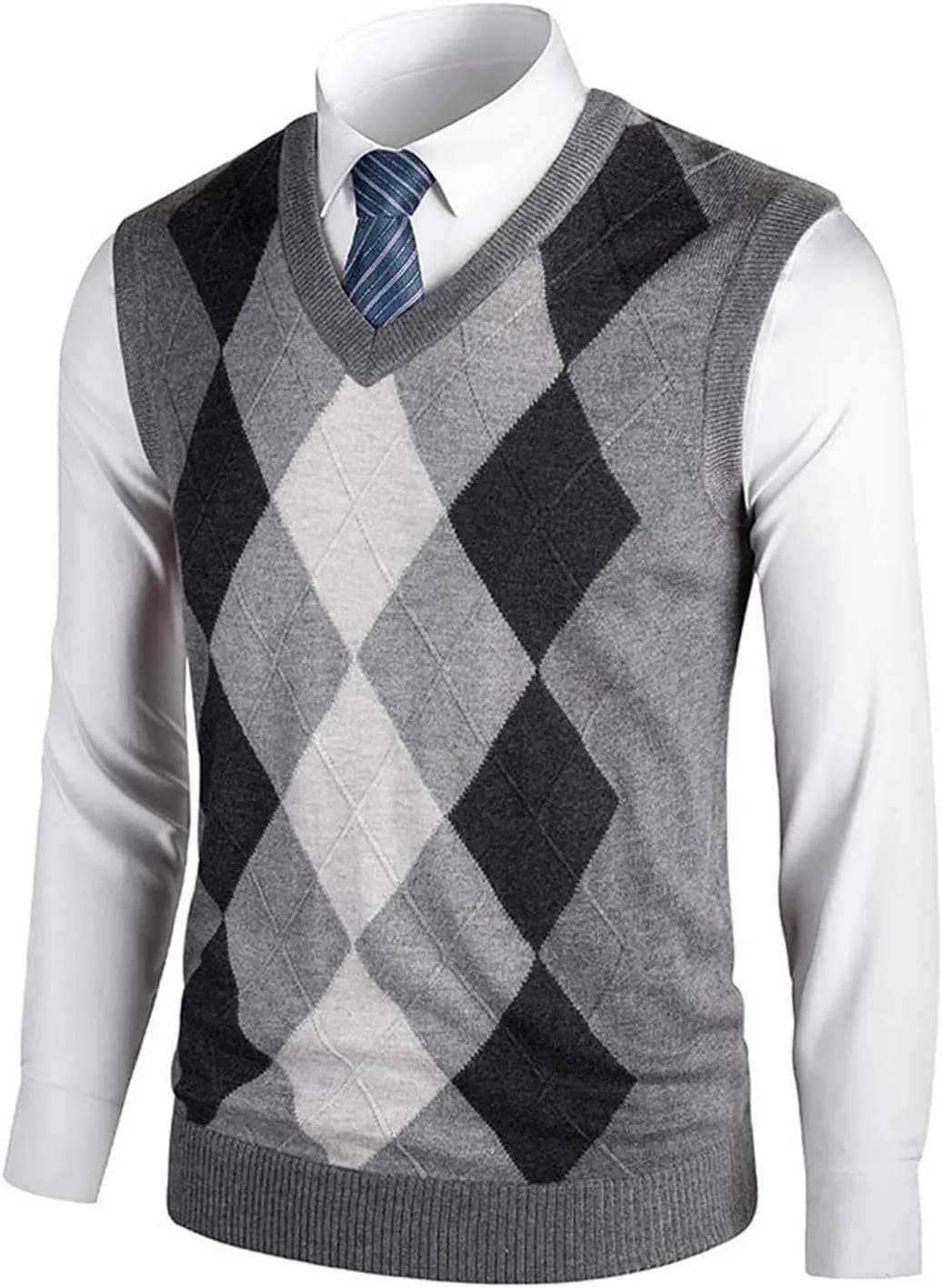 Men's V Neck Sweater Vest Sleeveless Knitted Pullover Color Block Plaid Knitwear Casual Loose Fall Fashion Sweater
