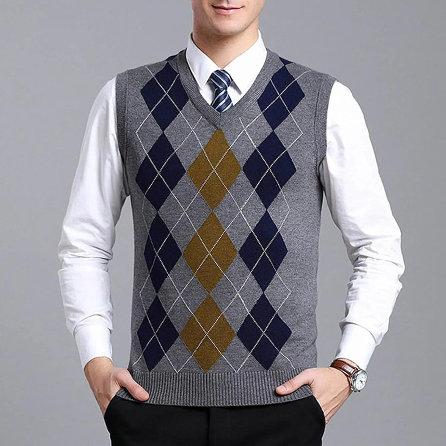 Men's V Neck Sweater Vest Sleeveless Knitted Pullover Plaid Color Block Knitwear Casual Loose Fall Fashion Sweater