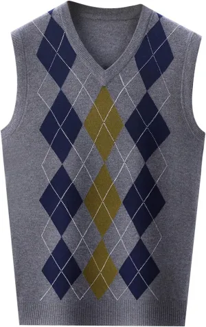 Men's V Neck Sweater Vest Sleeveless Knitted Pullover Plaid Color Block Knitwear Casual Loose Fall Fashion Sweater