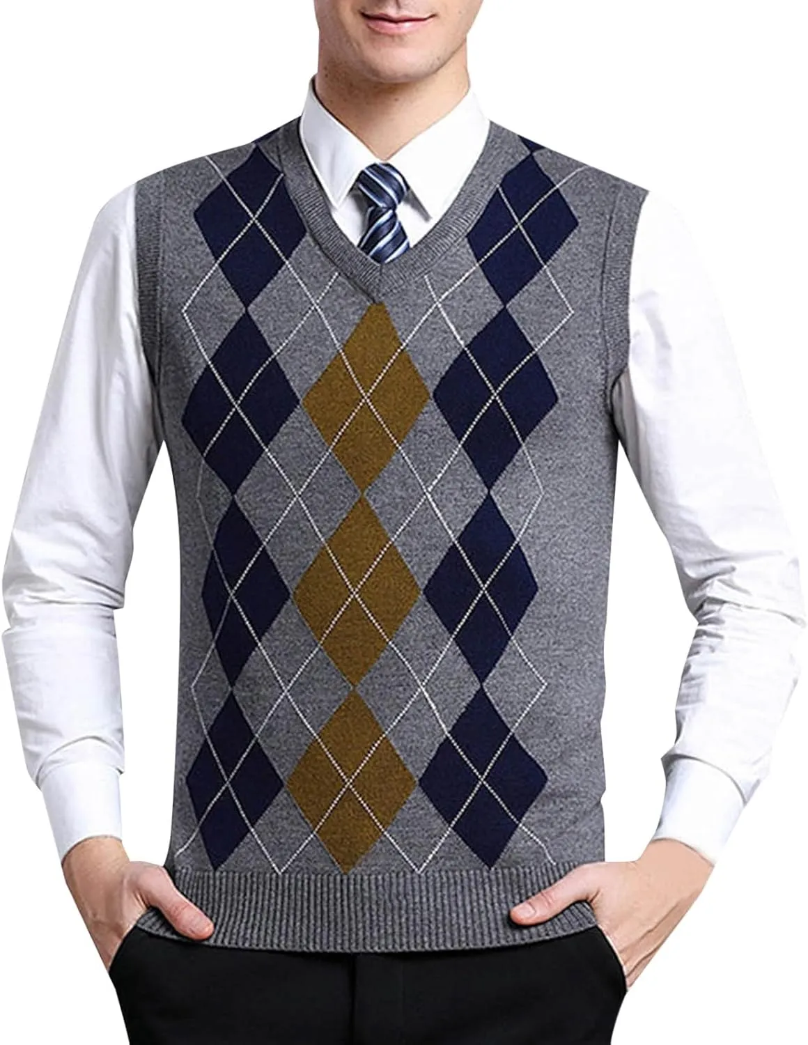 Men's V Neck Sweater Vest Sleeveless Knitted Pullover Plaid Color Block Knitwear Casual Loose Fall Fashion Sweater