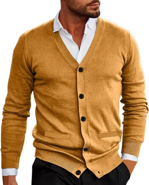 Men's Vintage Solid Long Sleeve Cardigan Sweater with Button V Neck Knitted Sweaters Casual Relaxe Fit Sweaters